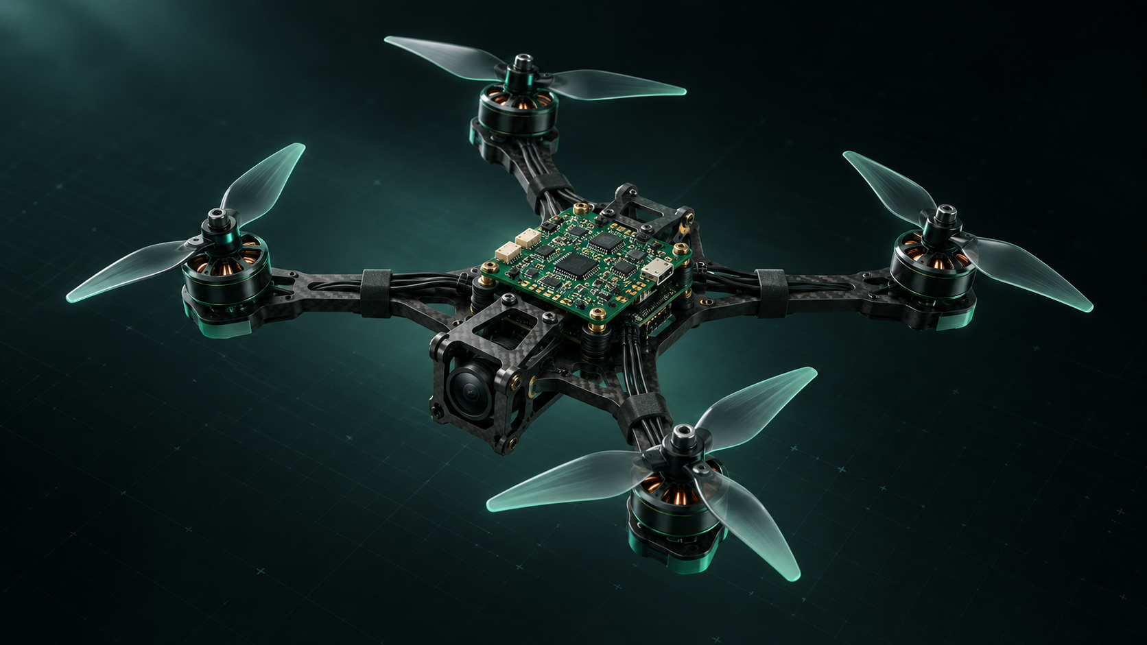 Concept rendering of a quadcopter with an exposed flight-controller PCB